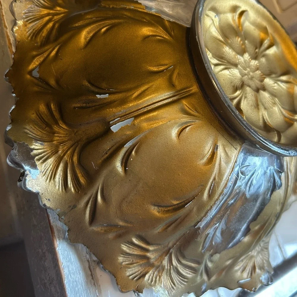 Antique Goofus Glass Bowl Red Carnation Gold Scalloped Intaglio Floral Dish MCM